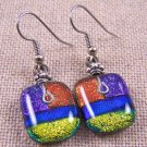 DICHROIC Glass EARRINGS BLUE Orange Gold Purple Squares Dangle Surgical 3/4"