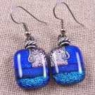 DICHROIC Glass EARRINGS BLUE Green Teal PINK Squares Dangle Surgical French 3/4"