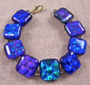 DICHROIC Link Bracelet BLUE GREEN PURPLE Bubbles Texture Fused Glass 3/4" x 7.5"