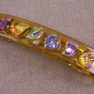 Dichroic Hair Barrette 3.5" 9cm Amber Green Pink Diamonds Fused Glass Textured