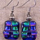 DICHROIC Glass EARRINGS Blue Green Purple Pink Rectangle Dangle - Surgical .75"