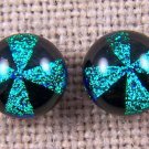 DICHROIC Earrings Emerald Green Blue & Black Cross Patterned Post 1/4" 7mm STUDS