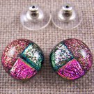 Dichroic Glass Earrings 1/2" Pink Magenta Coral Round Patchwork 12mm Post Studs