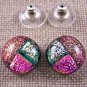 Dichroic Glass Earrings 1/2" Pink Magenta Coral Round Patchwork 12mm Post Studs