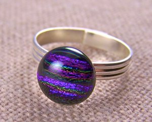 Tiny Adjustable Dichroic Glass Ring - 1/4" 7mm - Purple Violet Striped Reed Dot