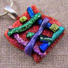 DICHROIC Fused Glass PENDANT Slide Red Orange Rainbow Crinkle Layered Textured