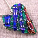 Dichroic Fused Glass HEART Blue Green Orange PENDANT PIN COMBO Layered Stripes