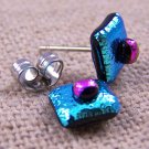 DICHROIC Post EARRINGS 1/4" 6mm Mint Green Purple Crinkle Layers Tiny GLASS STUD