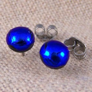 Tiny DICHROIC Post EARRINGS 1/4" 7mm Sapphire Cobalt BLUE Fused GLASS STUD Dots