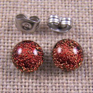 Tiny DICHROIC Post EARRINGS 1/4" 7mm COPPER ORANGE Rust Red Fused GLASS STUDS