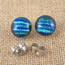 DICHROIC Earrings BLUE Round Silver Teal Striped Textured Post 1/4" 7mm STUDS