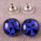 Dichroic Glass Earrings 1/2" Blue Black Windmill Triangle Pattern 12mm Post Stud
