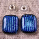 Dichroic Earrings Blue Teal Cobalt Striped Texture Stripes Post or Clip 3/4" 2cm