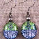 DICHROIC Glass EARRINGS Yellow Green Silver Layered Striped Dangle Surgical 3/4"