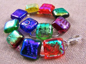 DICHROIC Link Bracelet Rainbow Colored Fused Glass Swirl Patterns .5" X 7.5"