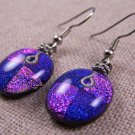 DICHROIC Glass EARRINGS Magenta Blue w/ Emerald Green Quad Dangle Surgical 3/4"