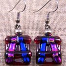 DICHROIC Glass EARRINGS Ruby RED Rectangle Magenta Purple Dangle - Surgical .75"