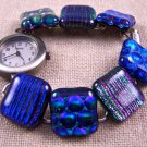 DICHROIC Link Watch BLUE GREEN PURPLE Bubbles Stripes Fused Glass 3/4" x 7.5"