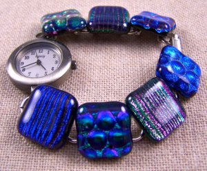DICHROIC Link Watch BLUE GREEN PURPLE Bubbles Stripes Fused Glass 3/4" x 7.5"