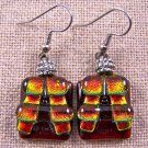 DICHROIC Glass EARRINGS Orange Rectangle Copper Flame Dangle - Surgical .75"