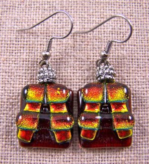 DICHROIC Glass EARRINGS Orange Rectangle Copper Flame Dangle - Surgical .75"