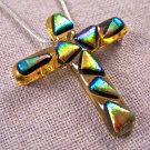 Cross PIN PENDANT Dichroic Fused Glass Amber Teal Blue Green Gold Orange Layered