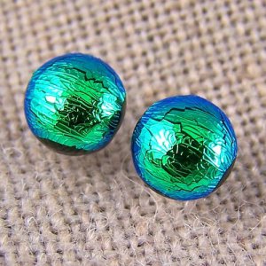 Tiny DICHROIC Post EARRINGS 1/4" 7mm Bright Lime Green Fused GLASS STUDS Dots