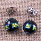 DICHROIC Earrings Gold Golden Black Square Dots Patterned Post 1/4" 7mm STUDS
