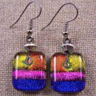 DICHROIC Glass EARRINGS Pink Orange Gold Purple Squares Dangle Surgical 3/4"