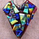 Dichroic Fused Glass HEART Golden Rainbow PENDANT PIN COMBO Blue Orange Accents