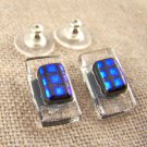 Dichroic Glass Earrings 1/2" Cobalt Blue & Black Square Pattern Clear 12mm Post