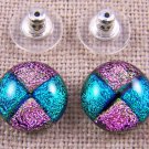 Dichroic Glass Earrings 1/2" Pink Teal Green Dot Round Patchwork 12mm Post Studs