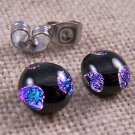 DICHROIC Earrings PINK Blue Black Rainbow Arc Dot Patterned Post 1/4" 7mm STUDS
