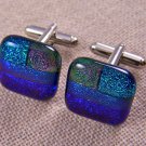 DICHROIC Fused GLASS Cuff Links Blue Green Purple Formal Wear Men Patchwork