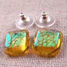 Dichroic Glass Earrings 1/2" Green Gold Amber Speckle Dot Pattern 12mm Post Stud