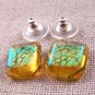 Dichroic Glass Earrings 1/2" Green Gold Amber Speckle Dot Pattern 12mm Post Stud