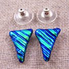 DICHROIC Post EARRINGS 1/2" 12mm Teal Green Blue Ripple Triangles GLASS STUD