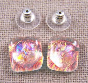 DICHROIC Post EARRINGS 1/2" 12mm Clear Opal Peach Orange Blue Ripple Fused GLASS