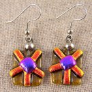DICHROIC Glass EARRINGS Copper Orange Amber Pink FLOWER Dangle Surgical Steel