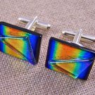 DICHROIC Fused GLASS Cuff Links Orange Gold Blue Rainbow Sunset Formal Wear Men