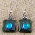 Dichroic Glass Earrings Emerald Green Teal Dot Dangle Surgical Steel 1" or Clip
