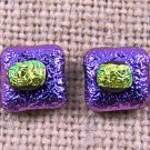 DICHROIC Post EARRINGS 1/4" 6mm Purple Yellow Crinkle Layers Tiny GLASS STUD