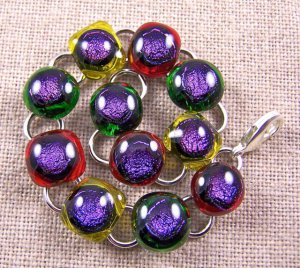 DICHROIC Link Bracelet Magenta Dots Multicolored Squares Fused Glass .5" x 7.5"