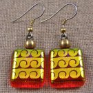 DICHROIC Glass EARRINGS Orange Yellow Patterned Transparent Dangle Surgical 3/4"