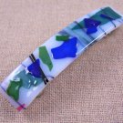 Hair BARRETTE Fused Stained GLASS 3.5" 9cm WHITE Blue Green Black Streamers