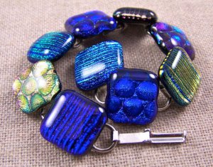 DICHROIC Link Bracelet Rainbow Bubbles & Stripes Textured Fused Glass .5" x 7.5"