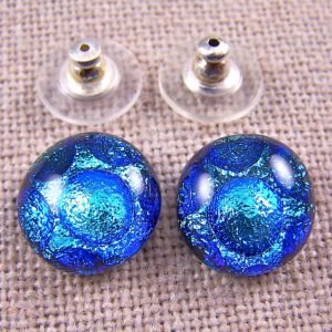 Dichroic Earrings Aqua Silver Blue Bubbles Textured Round Post or Clip 1/2" 12mm