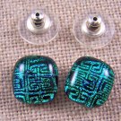 Dichroic Glass Earrings 1/2" Teal Green Tribal Greek Key Pattern 12mm Post Stud