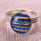 Tiny Adjustable Dichroic Glass Ring - 1/4" 7mm Pink Green Blue Striped Reed Dot