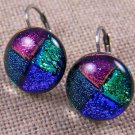 DICHROIC Earrings Teal Blue Pink & Green Patchwork Euro Lever Dangle 1/2" 12mm